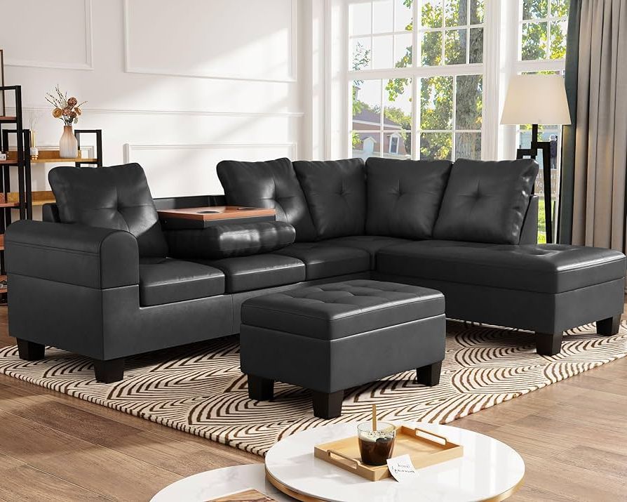 Amazon: Awqm Upholstered Sectional Sofa W/chaise Lounge, Modern L  Shaped Sofa Couch With Storage Ottoman Bench, Pu Leather Sectional Couches  With Cup Holder For Living Room Small Space : Electronics With Trendy Modern L Shaped Sofa Sectionals (Photo 1 of 10)