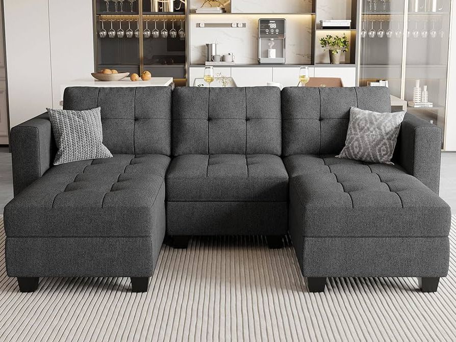 Amazon: Belffin U Shaped Sectional Sofa, Dark Grey, Wood And Polyester,  58"(d) X 90"(w) X 33"(h), Reversible Chaise, Storage, Easy Assembly : Home  & Kitchen Throughout Most Current Dark Grey Polyester Sofa Couches (Photo 3 of 10)