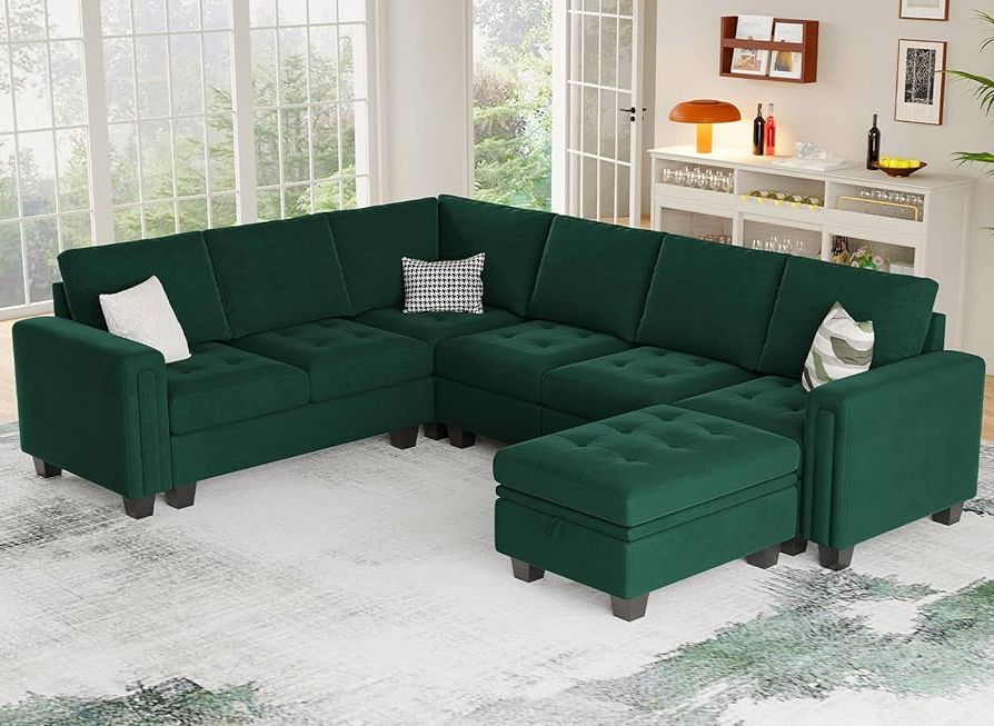 Amazon: Belffin Velvet Modular Sectional Sofa With Storage Ottoman 6  Seater L Shaped Sectional Modular Sofa Couch With Reversible Chaise  Convertible Corner Sectional Couch Green, : Home & Kitchen With Well Liked Green Velvet Modular Sectionals (View 3 of 10)