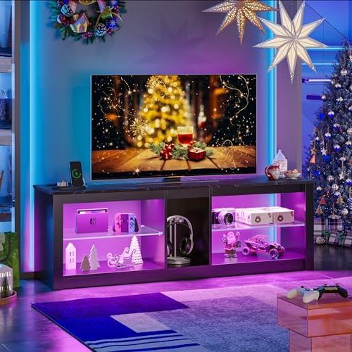 Amazon: Bestier Gaming Entertainment Center With Power Outlet,55 Inch Tv  Stand Led Tv Stand & 22 Dynamic Rgb Modes,removable Glass & Open Shelf  Storage, Tv Cabinet For 55/65/ Inch Tv,carbon Fiber Black : Pertaining To Recent Rgb Tv Entertainment Centers (Photo 1 of 10)