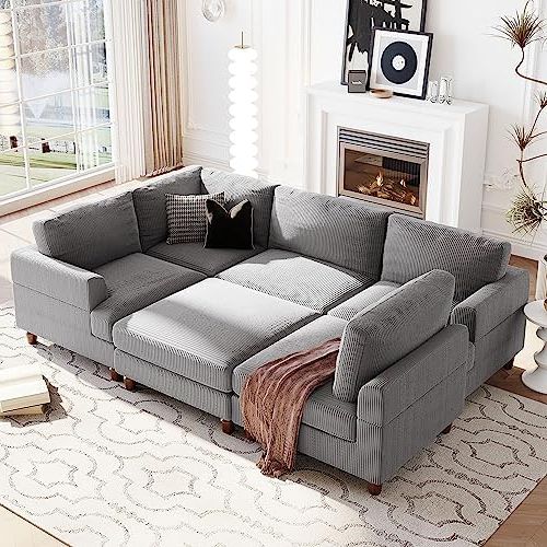 Amazon: Eafurn Oversized Modular Sectional Ottomans,6 Seater Corduroy  Upholstery L Shaped Reversible Corner, 101.2" Symmetrical Convertible  Sleeper Sofa & Couch Free Combination, Gray Comfy : Home & Kitchen Intended For Trendy Sofas With Ottomans (Photo 8 of 10)