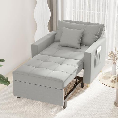 Amazon: Esright 40 Inch Sleeper Chair Bed 3 In 1 Convertible Futon  Multi Functional Sofa Bed Adjustable Reading Chair With Modern Linen  Fabric, Light Grey : Home & Kitchen With Regard To Most Popular Convertible Light Gray Chair Beds (View 2 of 10)