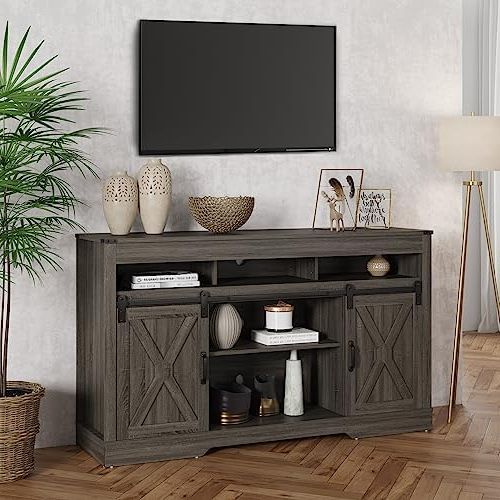 Amazon: Farmhouse Tv Stand For 65+ Inch Tv, Modern Entertainment Center  With Sliding Barn Doors, Storage Cabinet Table With Adjustable Shelves,  Media Tv Console Table For Living Room Bedroom （deep Gray） : In Recent Farmhouse Stands With Shelves (View 2 of 10)