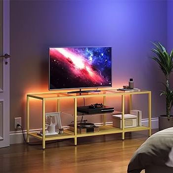 Amazon: Hoobro Tv Stand With Led Lights And Power Outlets For Tvs Up To  65", Modern 55 Inch Tempered Glass Tv Console Table With Open Shelves,  Media Entertainment Center For Living Room, For Most Popular Tv Stands With Led Lights & Power Outlet (View 8 of 10)