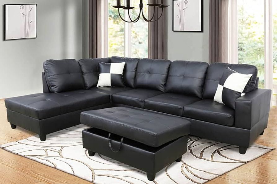 Amazon: Lifestyle Furniture 3 Piece Black Contemporary Leather Living  Room Right Facing Sectional Sofa Set : Home & Kitchen With Well Liked Sofas In Black (Photo 4 of 10)