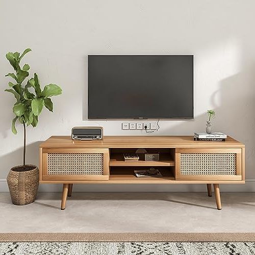 Amazon: Luckyelf Rattan Tv Stand For 55 Inch Tv Boho Farmhouse Tv  Console Media Cabinet With Solid Wood Legs Television Stands Tv Cabinet  Double Sliding Doors Media Console Table For Living Room, For 2017 Farmhouse Rattan Tv Stands (Photo 6 of 10)