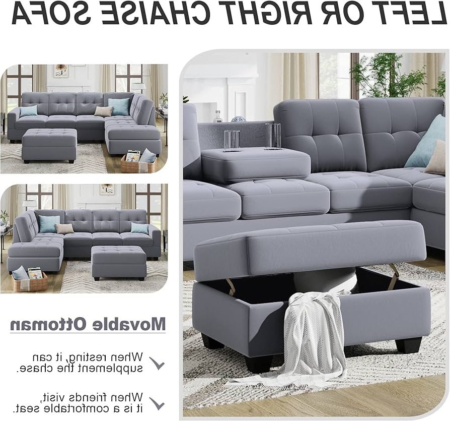 Amazon: Merax L Shaped 104" Sectional Sofas 3 Seat Sofa Sets Sectional  Sofa Couches With Reversible Chaise Lounge, Cup Holders And Storage Ottoman  For Living Room Furniture, Antique Grey : Home & Kitchen Regarding Recent 104" Sectional Sofas (View 5 of 10)