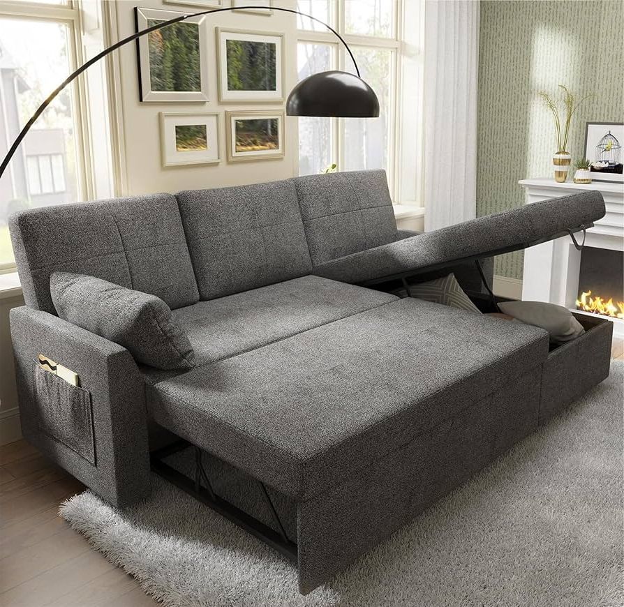 Amazon: Papajet Sofa Bed, 2 In 1 Sofa Sleeper With Storage Chaise Pull  Out Couch Bed For Living Room, Sleeper Couch With Pull Out Bed Grey : Home  & Kitchen In Well Known 2 In 1 Gray Pull Out Sofa Beds (View 3 of 10)
