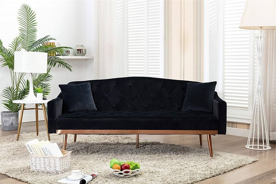 Amazon: Rarzoe 65” Convertible Velvet Sofa Bed, Modern Loveseat Sleeper  Couch With 3 Adjustable Angles, Mid Century Accent Sofa With 2 Pillows For  Living Room Bedroom Apartment(black) : Home & Kitchen In Most Recent Black Velvet 2 Seater Sofa Beds (View 8 of 10)
