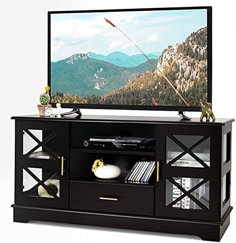 Amazon: Tangkula Wood Tv Stand With 2 Glass Door Cabinets, Media Console  With Drawer & 2 Tier Adjustable Shelves, Living Room Entertainment Center  For Tvs Up To 55 Inch, Tv Console Table, Dark With Most Recent Tier Stand Console Cabinets (View 8 of 10)