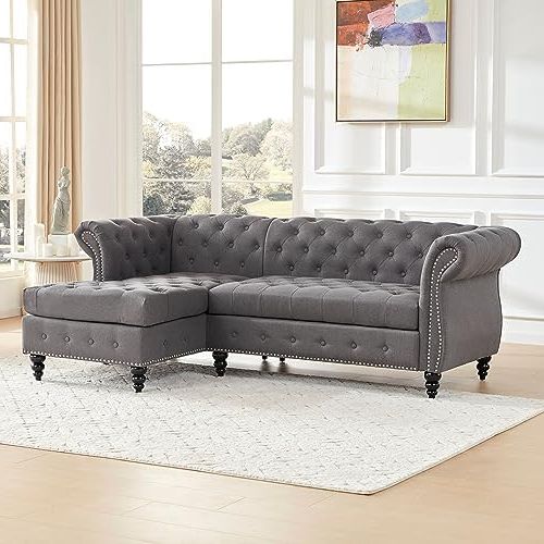 Amazon: Tbfit Chesterfield Sofa With Rolled Arms, Classic Button Tufted  L Shaped Couch With Nailhead Trim, Upholstered Chesterfield Couches With  Gourd Wooden Legs, Linen Sofas For Living Room, Bedroom, Grey : Home Intended For Latest Gray Linen Sofas (View 6 of 10)