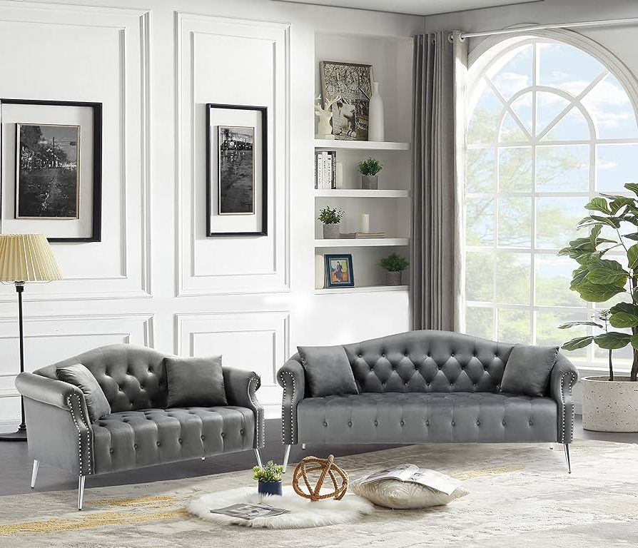 Amazon: Verfur 2 Pieces Living Room Furniture Set, Modern Velvet Button  Tufted Chesterfield Sofa And Loveseat Couch With Rolled Arm, Classic  Upholstered Low Back Sofa & Couches For Home Office, Gray : Regarding Well Liked Sofas With Curved Arms (Photo 7 of 10)