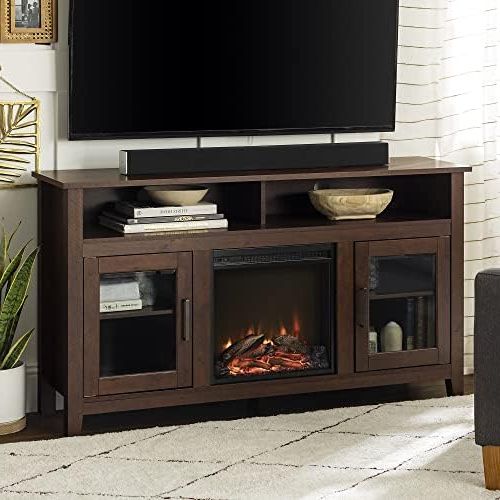 Amazon: Walker Edison Glenwood Rustic Farmhouse Glass Door Highboy  Fireplace Tv Stand For Tvs Up To 65 Inches, 58 Inch, Brown : Home & Kitchen With Regard To Most Recent Wood Highboy Fireplace Tv Stands (View 7 of 10)