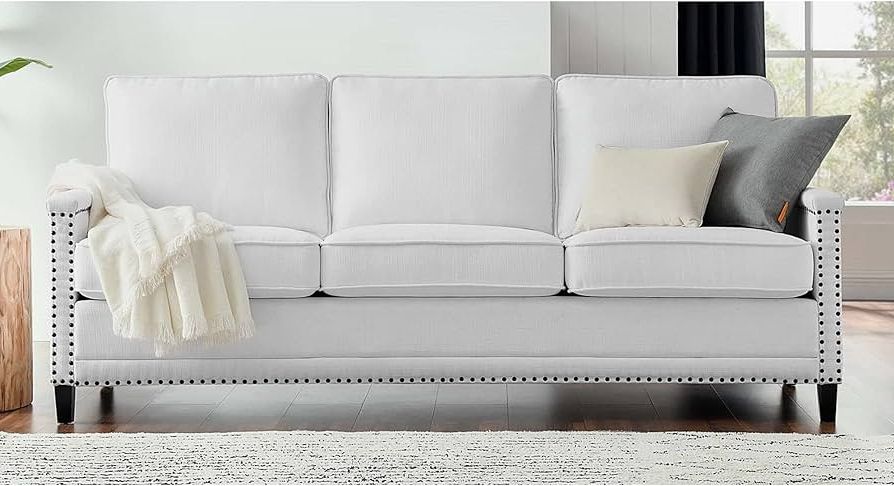 Amazon: White Fabric Upholstered Sofa With Nailhead Trim Black Solid  Mid Century Modern Transitional Wood Nailheads Removable Cushions : Home &  Kitchen With Regard To Most Recent Sofas With Nailhead Trim (View 5 of 10)