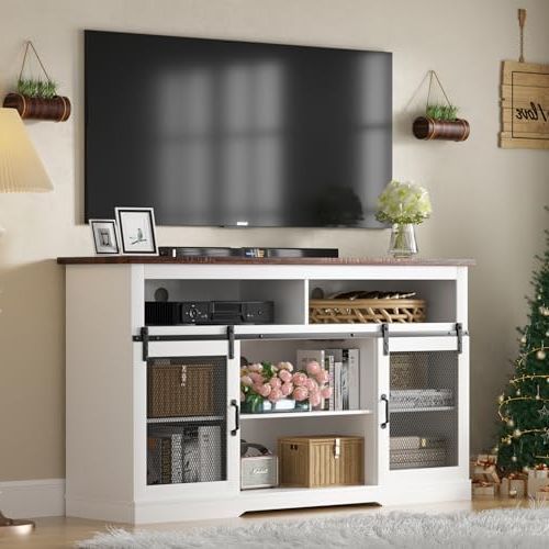 Amazon: Xilingol Farmhouse Style Tv Stand For 65+ Inch Tvs,34" Tall  Entertainment Center With Barn Door, Television Cabinets & Storage Shelves,  65 Inch Tv Stands For Living Room, White : Home & With Best And Newest Farmhouse Stands With Shelves (Photo 1 of 10)