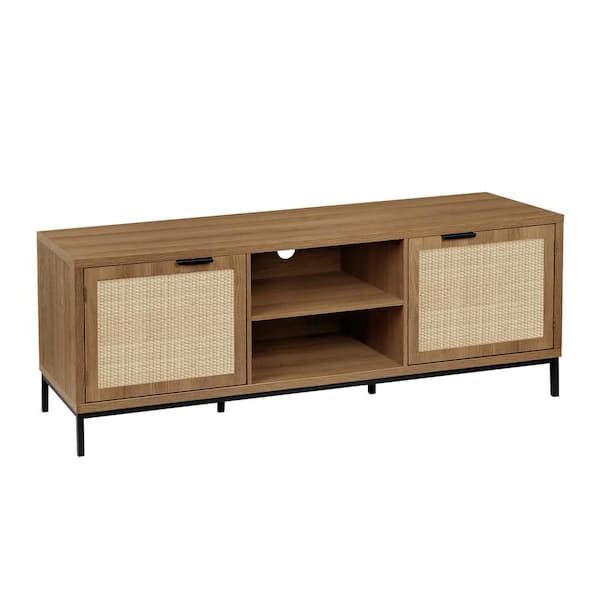 Aupodin Farmhouse 58 In. Wood Tv Stand Fits Tv's Up To 65 In. Rustic Oak Tv  Console Media Table With 2 Rattan Doors H0033 – The Home Depot For Recent Farmhouse Rattan Tv Stands (Photo 7 of 10)