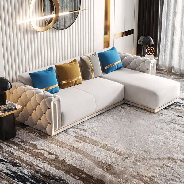 Beige L Shaped Sectional Sofas Within 2018 110" Modern Beige Velvet Modular L Shape Sectional Sofa With Chaise &  Tufted Armrest (View 6 of 10)