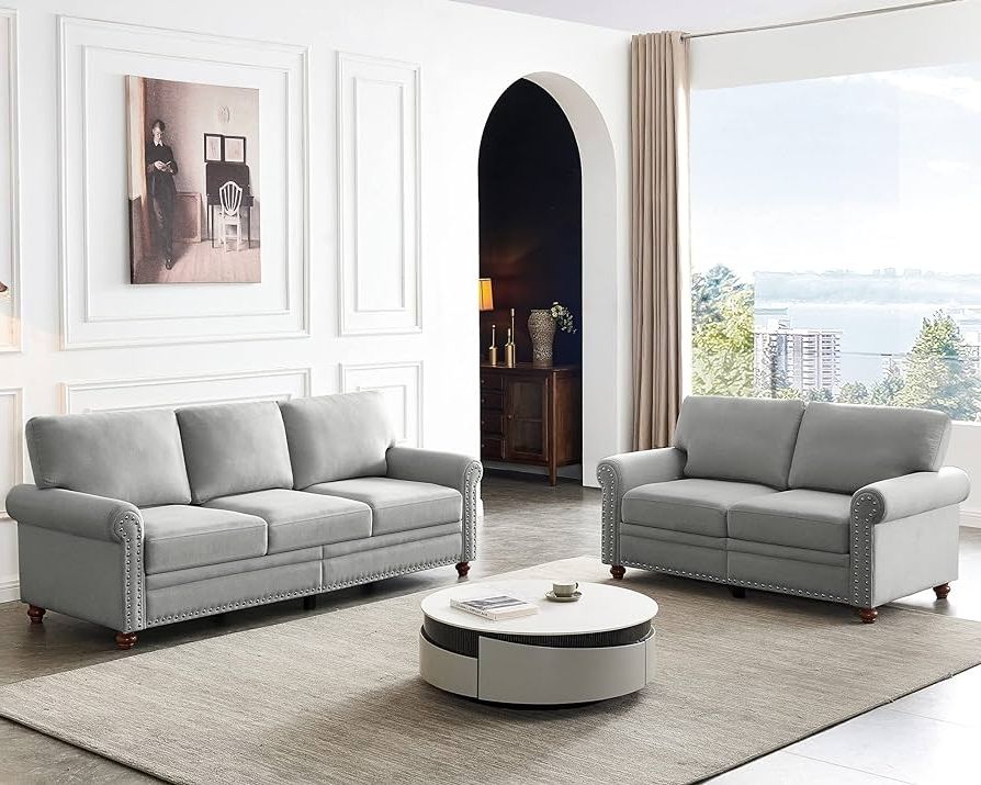 Best And Newest Amazon: Dolonm 2 Piece Sofa Sets Mid Century Modern Upholstered  Sectional Loveseat Couch Set Furniture For Living Room (linen Grey) : Home  & Kitchen Pertaining To Modern Light Grey Loveseat Sofas (Photo 1 of 10)