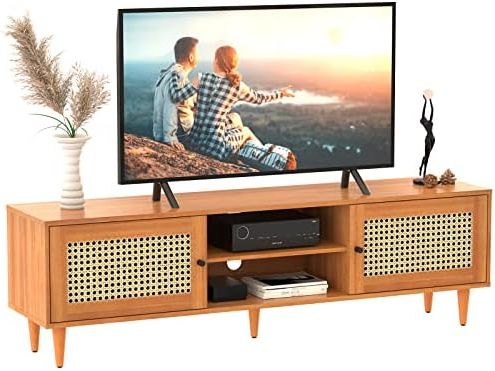 Best And Newest Amazon: Easycom Tv Stand For 65 Inch Tv, Farmhouse Rattan Entertainment  Center With Storage And Open Shelves, Mid Century Modern Entertainment  Center With Natural Rattan Door : Home & Kitchen With Farmhouse Rattan Tv Stands (Photo 4 of 10)