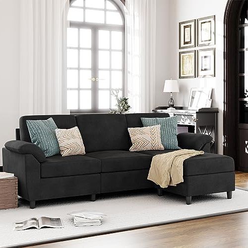 Best And Newest Amazon: Vongrasig 79" Convertible Sectional Sofa Couch, 3 Seat L Shaped  Sofa With Removable Pillows Linen Fabric Small Couch Mid Century For Living  Room, Apartment And Office (black) : Home & Kitchen In 3 Seat L Shaped Sofas In Black (Photo 4 of 10)