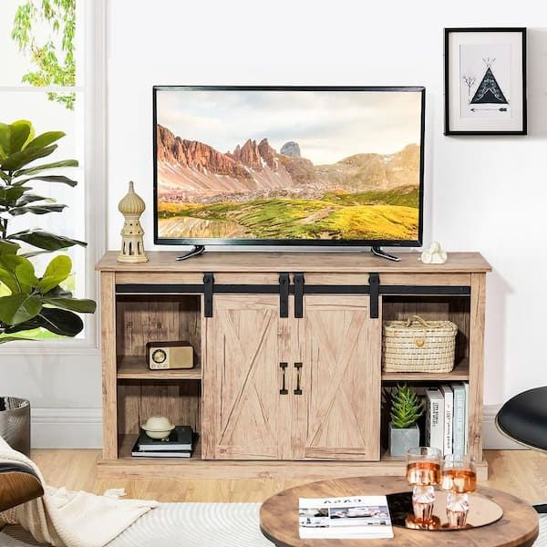 Best And Newest Barn Door Media Tv Stands Throughout Costway 55 In. Sliding Barn Door Tv Stand Entertainment Media Console Fits  Tv's Up To 65 In. With Adjustable Shelf Hv10086na – The Home Depot (Photo 3 of 10)