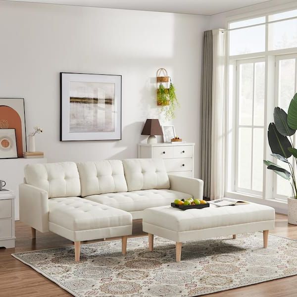 Best And Newest Beige L Shaped Sectional Sofas Intended For Godeer 80.71 In. W 3 Piece Linen Sectional Sofa, L Shape Sofa Chaise Lounge  With Ottoman Bench In Beige W588s00052lxl – The Home Depot (Photo 4 of 10)