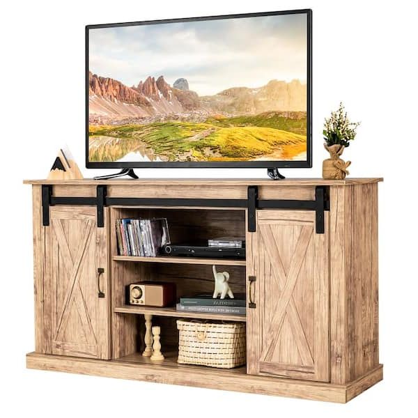 Best And Newest Costway 55 In. Sliding Barn Door Tv Stand Entertainment Media Console Fits  Tv's Up To 65 In (View 5 of 10)