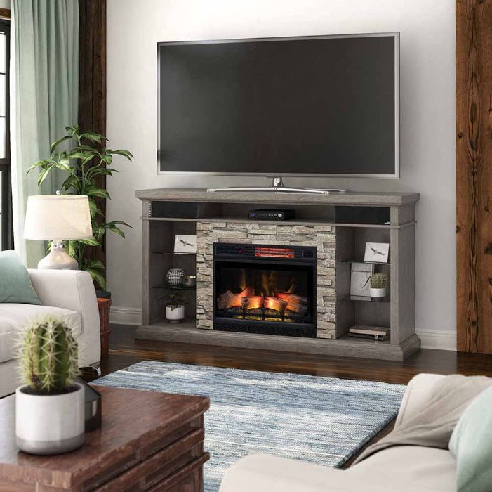 Best And Newest Electric Fireplace Tv Stands Throughout 73" Ellistone Weathered Gray Infrared Tv Stand Electric Fireplace (Photo 9 of 10)