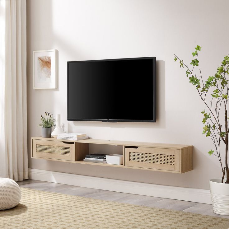 Best And Newest Floating Stands For Tvs With Regard To Boho Faux Rattan Door Floating Tv Stand For Tvs Up To 80" In 2023 (Photo 4 of 10)