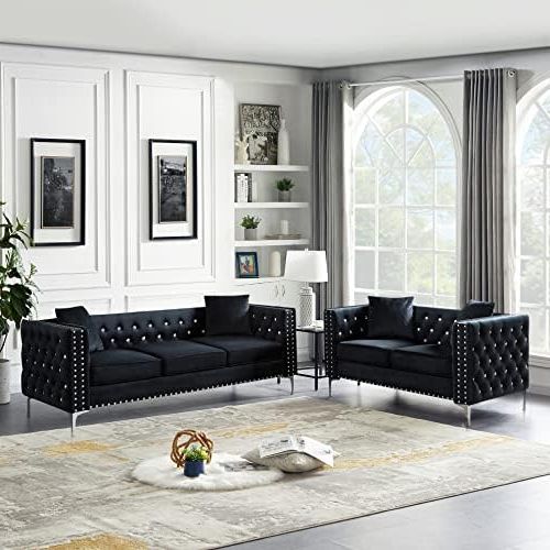 Black Velvet 2 Seater Sofa Beds Pertaining To Latest Amazon: 2 Piece Black Velvet Upholstered Living Room Furniture Set,  Including 3 Seater Sofa And Loveseat With Jeweled Buttons, Square Arm, Four  Pillows Included For Living Room, Office : Home & Kitchen (View 3 of 10)