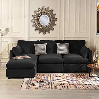 Black Velvet Sectional Sofa Couch With Chaise Lounger, Modern Overstuffed L  Shaped Plush Sofa, Velvet Fabric Sectional Sofas And Couches For Living  Room Home Fu… (Photo 4 of 10)