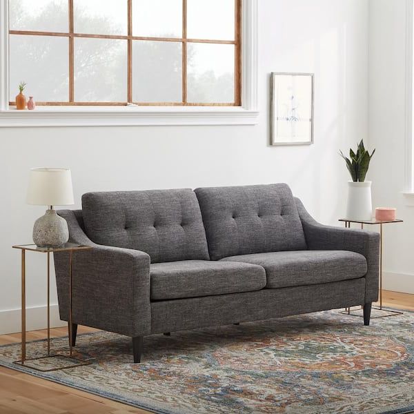 Brookside Ellen 75.5 In. Charcoal Gray Slope Arm Polyester Upholstered  Straight 3 Seater Sofa Bs0008sof00ch – The Home Depot For Well Known Dark Grey Polyester Sofa Couches (Photo 4 of 10)