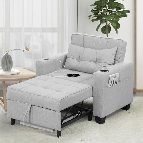 Convertible Light Gray Chair Beds Within 2018 Amazon: Duraspace 39 Inch Sleeper Chair 3 In 1 Convertible Chair Bed  Pull Out Sleeper Chair Beds Adjustable Single Armchair Sofa Bed With Usb  Ports, Side Pocket, Cup Holder (light Gray Linen) : Home (Photo 4 of 10)