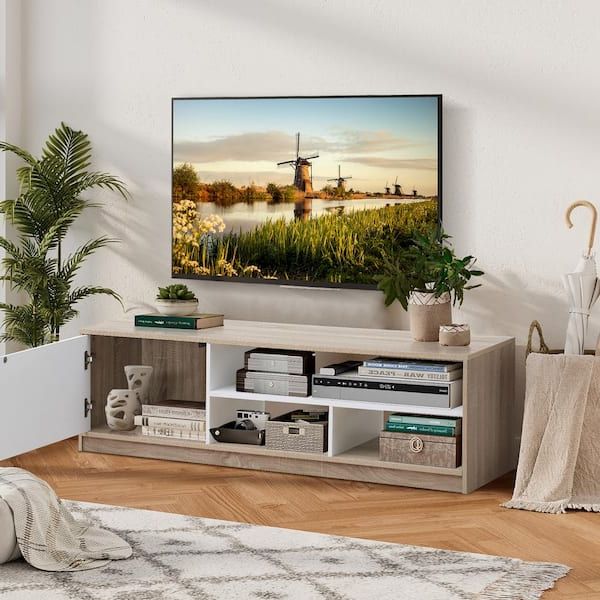 Costway 63 In. Oak Tv Stand Media Entertainment Center Fits Tv's Up To 75  In. W/pop Up Door And Open Shelves Hv10055 – The Home Depot In Best And Newest Media Entertainment Center Tv Stands (Photo 8 of 10)