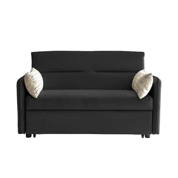 Current 57 In. Modern Black Velvet Twin Size Sofa Bed With 2 Pillows Adjustable  Backrest For Living Room Or Office Blacksofa Bed – The Home Depot Intended For Black Velvet 2 Seater Sofa Beds (Photo 9 of 10)