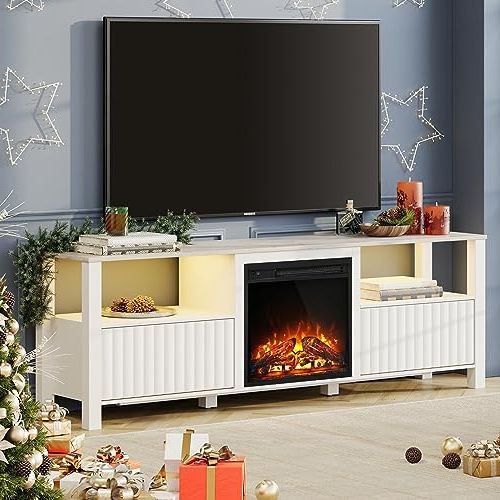 Current Amazon: Wampat White Fireplace Tv Stand For 75 Inch Tv With Led Light, Modern  Entertainment Center Tv Console Table With Storage Cabinet & Cubby, Led Tv  Cabinet For Living Room Bedroom, 70 Intended For Modern Fireplace Tv Stands (View 8 of 10)