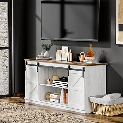 Current Amazon: Zpk Farmhouse Tv Stand For 65 Inch Tv, Modern Television Stands  Mid Century Media Entertainment Center With Sliding Barn Doors And Storage  Cabinets, Console Table For Living Room, Bedroom (white) : Throughout Modern Farmhouse Barn Tv Stands (View 2 of 10)