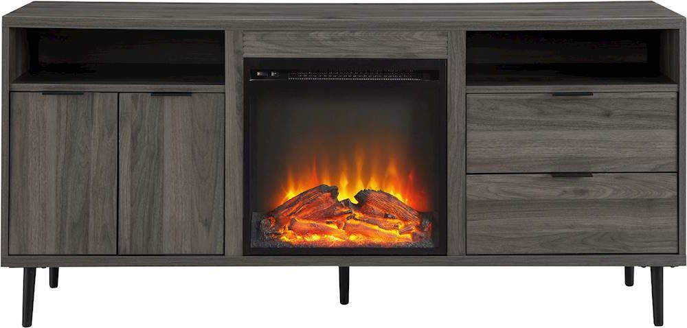 Current Modern Fireplace Tv Stands Pertaining To Walker Edison Modern Two Drawer Fireplace Tv Stand For Most Tvs Up To 65”  Slate Grey Bb60fprthsg – Best Buy (Photo 2 of 10)