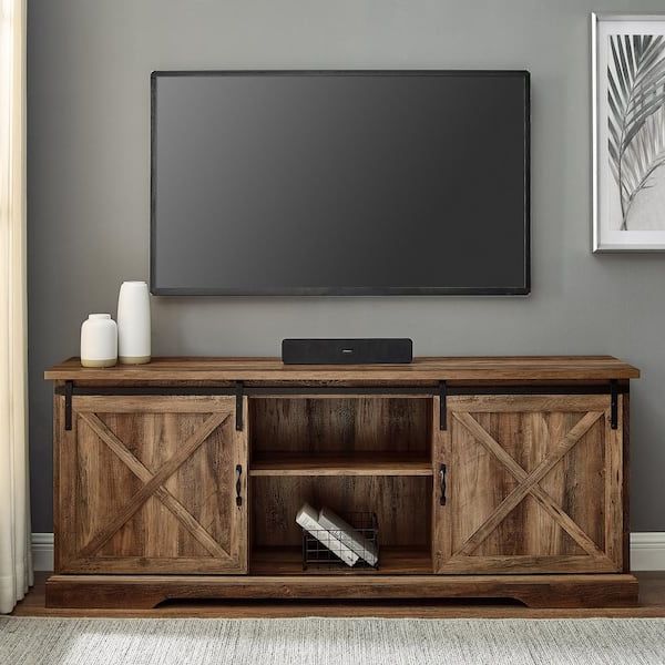 Current Welwick Designs 70 In. Reclaimed Barnwood Wood And Metal Tv Stand Fits Tvs  Up To 80 In. With Sliding X Barn Doors (max Tv Size 80 In.) Hd8722 – The  Home Depot Within Barn Door Media Tv Stands (Photo 9 of 10)