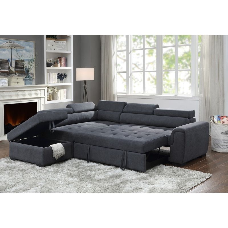 Dark Gray Sectional Sofas Intended For Latest Haris Dark Grey Fabric Sleeper Sofa Sectional – On Sale – Bed Bath & Beyond  –  (View 10 of 10)