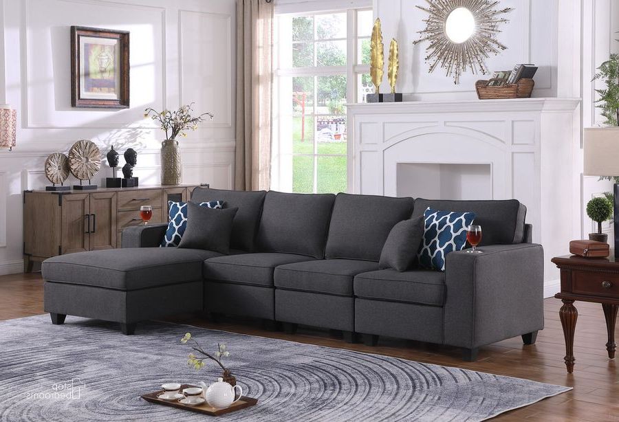 Dark Gray Sectional Sofas Within Famous Cooper Dark Gray Linen 4pc Sectional Sofa Chaise With Cupholderlilola  Home (Photo 8 of 10)