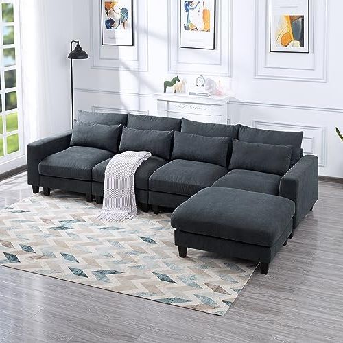 Dark Grey Polyester Sofa Couches Throughout Trendy Amazon: 4 Seater Sofa With Ottoman – Cushion Back, Square Arms, Durable  Polyester Blend Upholstery – Living Room Decor (dark Grey) : Home & Kitchen (Photo 1 of 10)