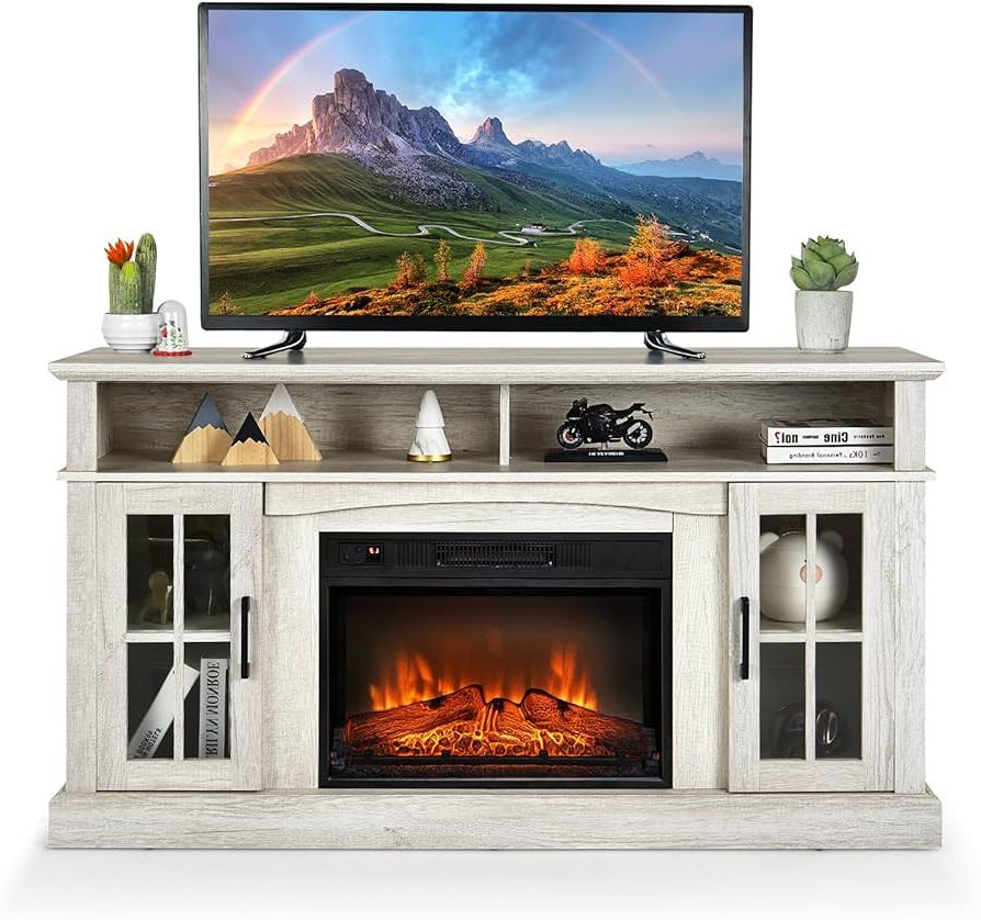 Electric Fireplace Entertainment Centers For Fashionable Amazon: Costway Electric Fireplace Tv Stand For Tvs Up To 65 Inches,  1400w Heater Insert With Remote Control, 6h Timer, 3 Level Flame, Overheat  Protection And Csa Certification, Adjustable Shelves, Grey : Home (Photo 7 of 10)