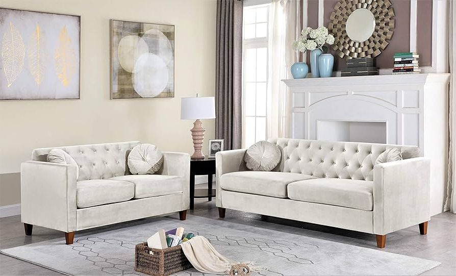 Elegant Beige Velvet Sofas Pertaining To Trendy Amazon: Us Pride Furniture Soft Elegant High Density Foam  (View 4 of 10)