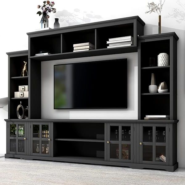 Entertainment Units With Bridge Regarding Preferred Amazon: Entertainment Center With Bridge And 2 Side Piers, Wall Mounted  Media Console Tv Cabinet For Tvs Up To 70”, Modern 4 Piece Tv Stand Unit  With Door And Storage Shelves For Living Room (Photo 1 of 10)