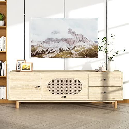 Famous Amazon: Lamerge Boho Tv Stand With Rattan Door, Modern Entertainment  Center For 70 Inch Tv, Media Console Table With Cabinet Storage And 2  Drawers, Farmhouse Tv Cabinet For Living Room, Bedroom, Oak : With Oaklee Tv Stands (View 8 of 10)