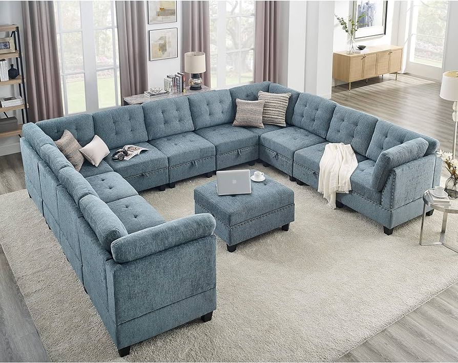 Famous Amazon: Melpomene 142'' U Shape Chenille Sectional Sofa Couch，diy  Combination Includes 7 Single Chair 4 Corner And 1 Ottoman, Living Room  Furniture Set For Villa & House,blue : Home & Kitchen With Chenille Sectional Sofas (Photo 1 of 10)