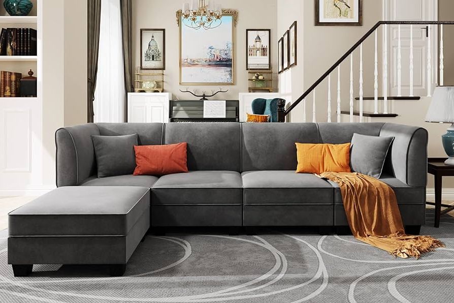 Famous L Shape Couches With Reversible Chaises For Amazon: Vongrasig 5 Pieces Modular Sectional Sofa Couch With Reversible  Chaise 116" Velvet L Shaped 4 Seat Large Sectional Couch With Ottoman For  Living Room, Upholstered Cushion (grey) : Home & Kitchen (View 2 of 10)