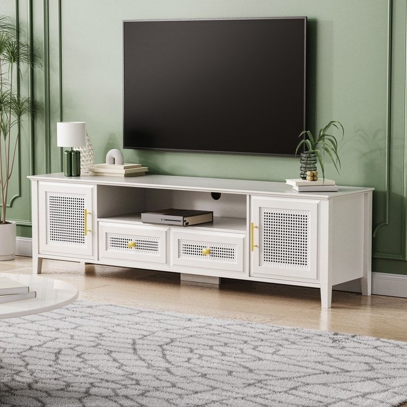 Farmhouse Rattan Tv Stand, Modern Tv Console Table With Drawers And Cabinets  Boho Entertainment Center Tv Cabinet – Bed Bath & Beyond – 37836651 Intended For Well Known Farmhouse Rattan Tv Stands (Photo 8 of 10)