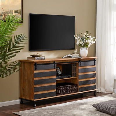Farmhouse Tv Stand For Tvs Up To 65 Inches, Wood Media Entertainment Center  With Storage Cabinet For Living Room, Black & Brown – Yahoo Shopping Within Fashionable Entertainment Center With Storage Cabinet (Photo 10 of 10)